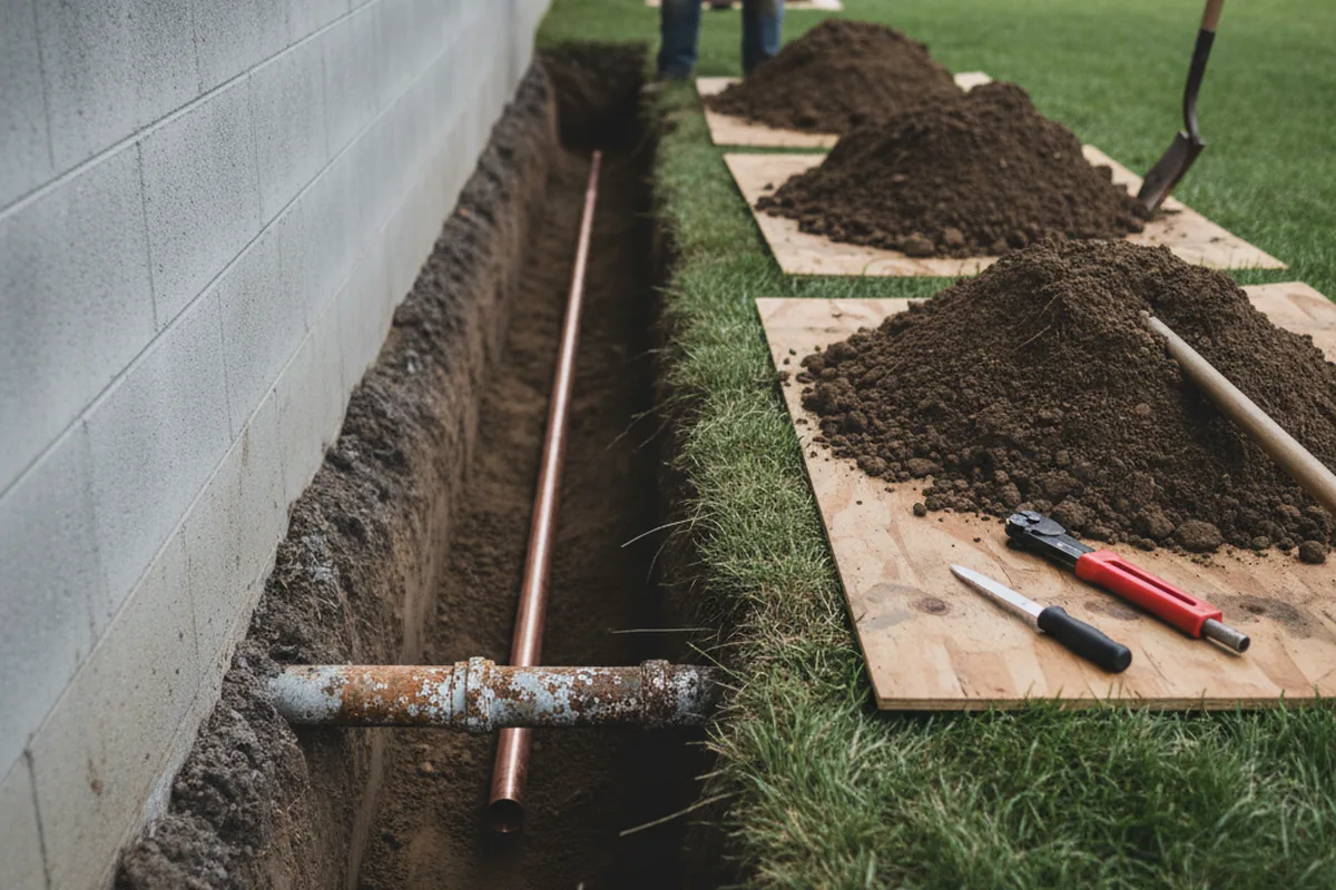 Excavated water line trench during Water Heater Repair in Conway